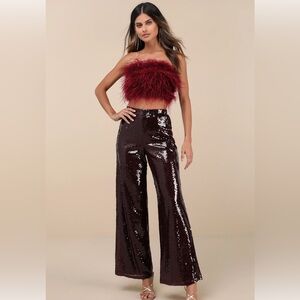 Sequin Burgundy Wide-Leg Pants with feather top